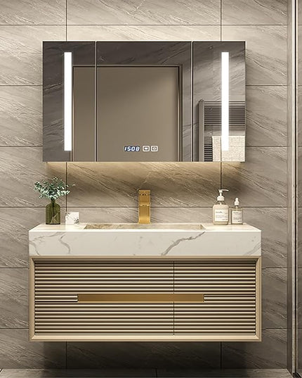 Golden Bathroom Vanity - 44IN Modern Luxurious Bathroom Vanity with Sink with Smart LED Defogging Mirror & Metal Elements & Hidden Handle | Unique Striped Design & Large Capacity Storage Space