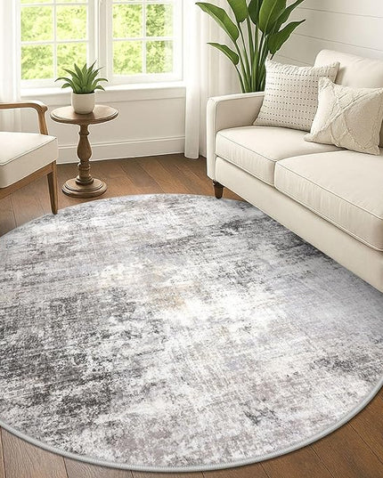IOHOUZE Abstract Round Area Rug 6 Ft Washable Circle Rugs Large Round Rug Non Slip Thin Soft Circle Rugs, Printed Faux Wool Floor Carpet for Bedroom Living Room Dining Room Nursery, Grey Beige