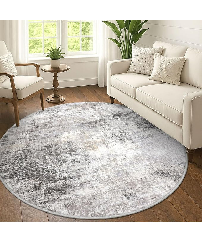 IOHOUZE Abstract Round Area Rug 6 Ft Washable Circle Rugs Large Round Rug Non Slip Thin Soft Circle Rugs, Printed Faux Wool Floor Carpet for Bedroom Living Room Dining Room Nursery, Grey Beige