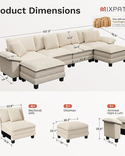 157-Inch U Shaped Sectional Sofa with Cloud Cushions, Deep Seat Modular Couch Set w/ 6 Seats & 2 Ottomans, Removable Arms, Plush Corduroy Upholstery for Living Room, Apartment - Beige