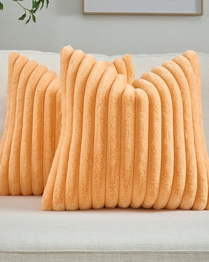 FUTEI Orange Throw Pillow Covers Set of 2, 18x18 Inch Striped Texture Cushion Cases with Soft Faux Rabbit Fur Front & Velvet Back, Modern Decorative Couch Pillows for Living Room