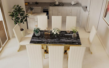 5 Piece Dining Table Set for 4, 78 inch Gold Dining Room Table Set with 4 White Leather Dining Chairs