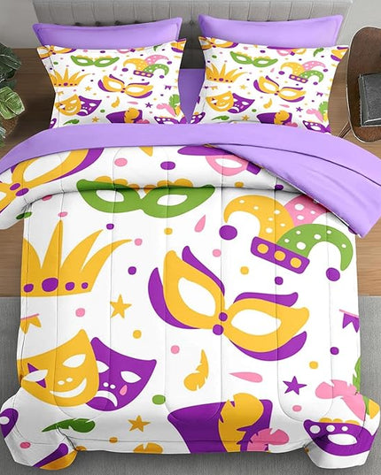 Comforter Set Queen Size, Happy Purple Gold Mask 7 Pcs Bedding for Kids and Adults, Mardi Carnival Party Bed Sheet Sets with Fitted Sheet 2 Pillowcases & 2 Shams for Bedroom Bed Decor