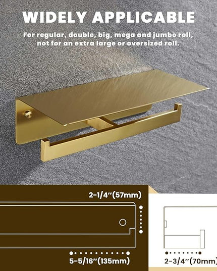 Suyar Toilet Paper Holder Brushed Gold, SUS 304 Stainless Steel Bathroom Double Toilet Paper Roll Holder with Shelf, Wall Mounted