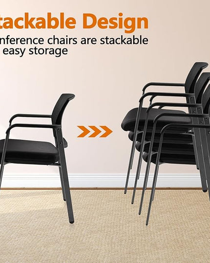 CLATINA Mesh Back Stacking Arm Chairs with Upholstered Fabric Seat and Ergonomic Lumber Support for Office School Church Guest Reception Black 4 Pack Set New Version