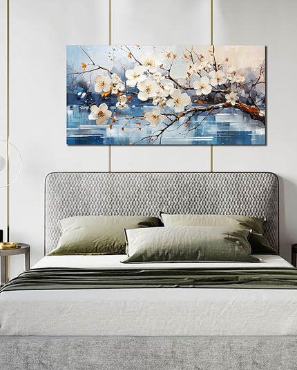 GUGIKA Flower Wall Art for Living Room, White Plum Blossom Canvas Wall Decor for Bedroom, Floral Picture Print, Size 48x24 Inches