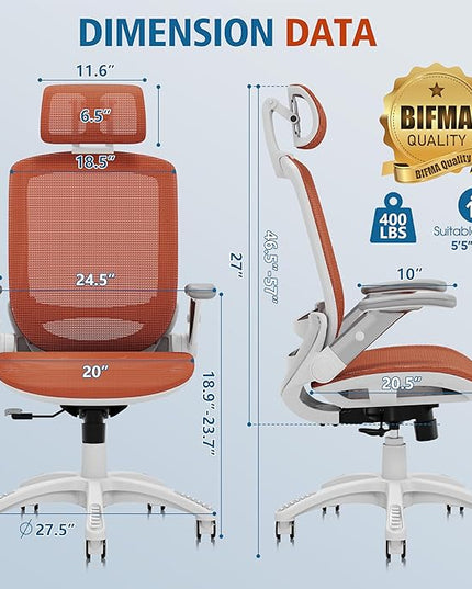 GABRYLLY Ergonomic Office Chair, High Back Home Desk Chair with Headrest, Flip-Up Arms, 90-120° Tilt Lock and Wide Cushion, 400LBS Mesh Chairs for Man Woman, White Task Chair(Orange,GY01WOR)