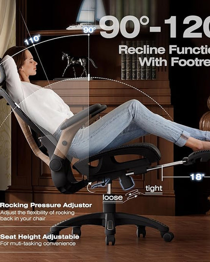 ELABEST X100 Ergonomic Office Chair with Footrest, Big and Tall Home Desk Chair with 5D Flip-Up Arms, Adjustable 3D Lumbar Support,High Back Rolling Computer Chair, Swivel Mesh Chairs (Library Oak)