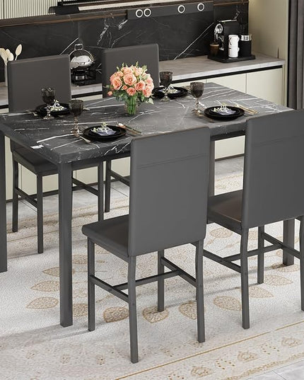 AWQM Dining Table Set for 4, Modern Marble Dining Table Set with 4 Upholstered PU Leather Chairs,Dining Room Table Set for Kitchen, Breakfast Nook, Dining Room, Black