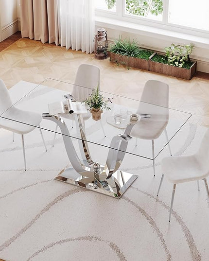 70'' Glass Dining Table for 6 or 8, 0.39" Tempered Glass Tabletop and Silver U Stainless Steel Base, Large Dining Room Table for 6, Home Kitchen Table for Dining Room, Modern Dining Table for 8