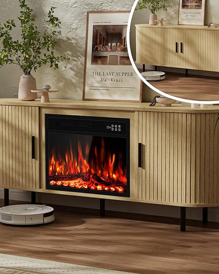 65" Fluted Fireplace TV Stand for TVs Up to 75 inches, Modern Entertainment Center with 23" Electric Fireplace, Wooden Curved TV Console with Sliding Doors for Living Room, Natural Oak