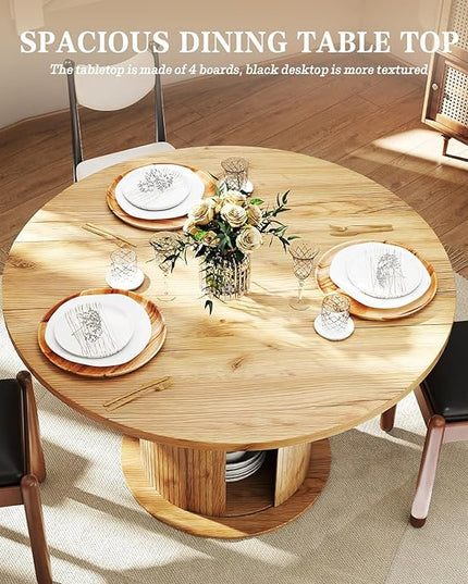 Round Table with Storage,47" Storage Kitchen Table for 4-6 People with Curved Sliding Door Fluted Wood Coffee Table Thickened Tabletop for Dining Room/Kitchen/Living Room,Oak Color