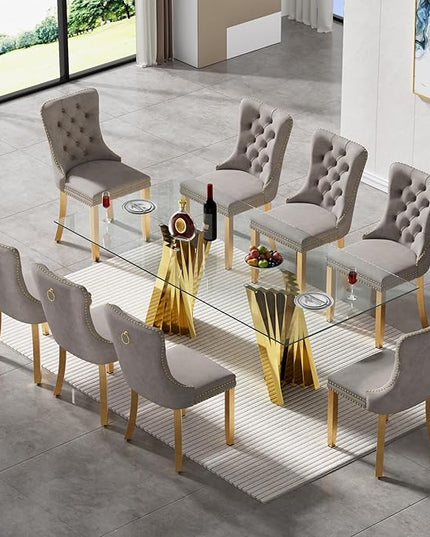 SSLine 9 Piece Glass Dining Table Set,70" Dinner Room Glass Table Set for 8,Modern Kitchen Dinner Table Set with Stainless Steel Base and 8 Upholstered Velvet Dining Chairs for Living Dining Room