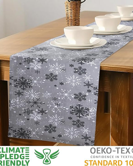 Urban Villa Christmas TableRunner Grey Snowflake Table Runner 14”x72” 100% Cotton Over Sized Runner Heavier Quality Table Runner for Christmas Celebrations Dining WeddingDinner Parties Everyday Use