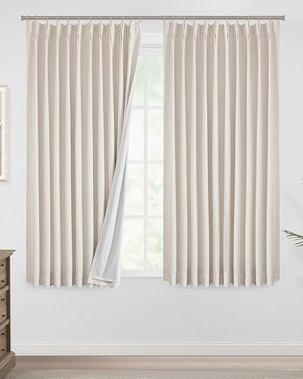 Vision Home Natural Pinch Pleated Full Blackout Curtains Linen Blended Room Darkening Window Curtains 72 inch for Living Room Bedroom Thermal Insulated Pinch Pleat Drapes with Hooks 1 Panel 60"Wx72"L