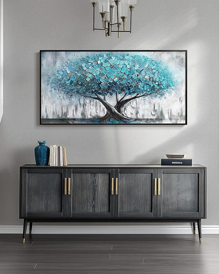 Large Framed Tree of Life Wall Art, Modern Canvas Prints Paintings Artwork for Walls, Rustic Blue Big Tree Pictures for Living Room Fireplace Bedroom Dining Room Office Wall Decor 30x60 Inch
