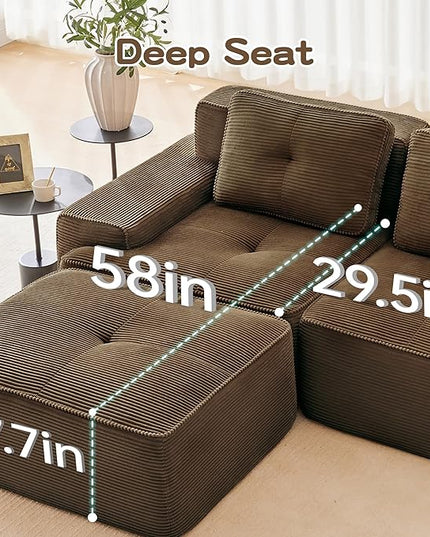 82" Convertible Modular Couches, Deep Seat L Shaped Sofas for Living Room, Modern 2 Seater Love Seat Sofa with 1 Ottoman for Small Space, Comfy Cloud Sectional Sofa Set, Corduroy Fabric Brown