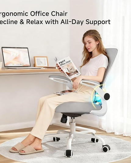 Office Chair with Adjustable Lumbar Support, 330 LBS Home Office Desk Chair with Flip-up Armrests, Mesh Computer Chair for Long Day Use, White and Gray