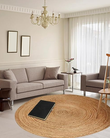 Hand Woven Jute Area Rug - 10' Round - Rustic Beige Reversible Farmhouse Rugs for Living Room, Bedroom, Kitchen - Vintage Natural Braided Entry Floor Décor Circle Boho Round Rugs 10ft