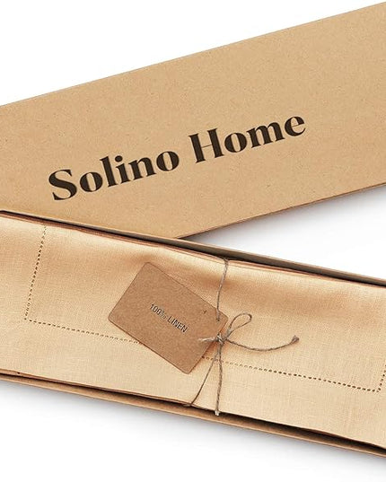 Solino Home Linen Cloth Placemats Set of 6-100% Pure Linen Hemstitch Beige Placemats 14 x 19 Inch - Classic Hemstitch Table Place Mats