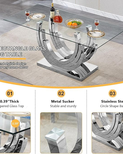 7 Piece Dining Table Set with 6 Blue Dining Chairs, Modern Glass Kitchen Table and Chairs Set for 6, 70" Rectangle Silver Glass Pedestal Dining Room Tables with Ring-Shape Stainless Steel Base