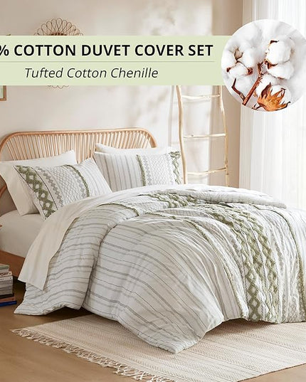 Ink+Ivy King Duvet Cover Set Boho Chenille Tufted Cotton Duvet Cover for King Size Bed, All Season King Size Bedding Cover, Matching Shams, Imani, King/Cal King Sage Green/Ivory 3 Piece