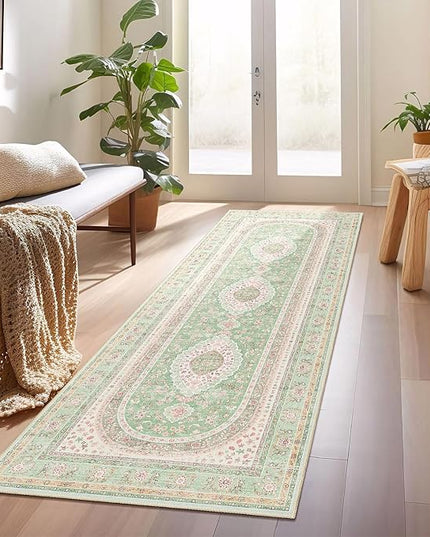 Washable Runner Rug 2x6,Green Rug Runners Non Slip,Long Boho Rugs for Hallways Kitchen Bedroom Entryway Living Room Bathroom,Vintage Bohemian Distressed Oriental Floor Carpet,Sage Blush Floral