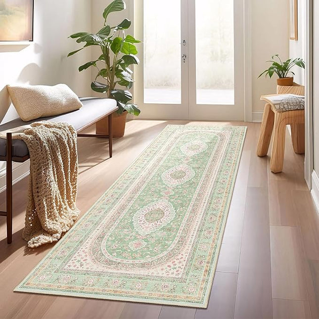 Washable Runner Rug 2x6,Green Rug Runners Non Slip,Long Boho Rugs for Hallways Kitchen Bedroom Entryway Living Room Bathroom,Vintage Bohemian Distressed Oriental Floor Carpet,Sage Blush Floral