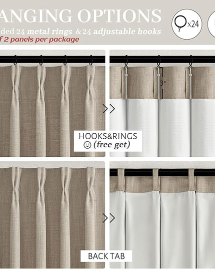 Blackout 70 Inch Extra Wide Linen Two Layer Living Room Curtains 102 Inches Long 2 Panels Set, Memory Trained Pinch Pleated Insulated Soundproof Custom Fall Drapes with Back Tab 70" W x 108" L Taupe