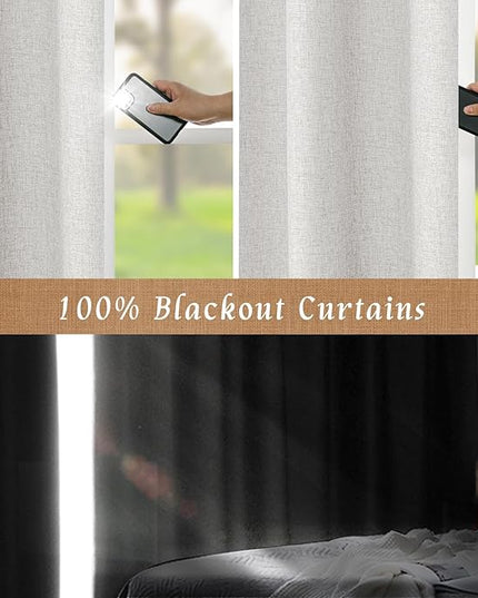 LAMIT Light Grey Linen Full Blackout Window Curtains for Bedroom, 54 Inches Thermal Farmhouse Curtains Back Tab and Rod Pocket Privacy Protected Burlap Panels with White Liner, 2 Panels, 52 x 54 Inch