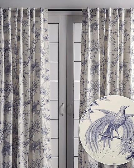 Maison d' Hermine Curtains for Living Room 100% Cotton 124 inch Length Two Panels Light Filtering Toile Curtains for Bedroom Windows with Rod and Loop Pockets Drapes (Paradise Delft, 50" W x 124" L)