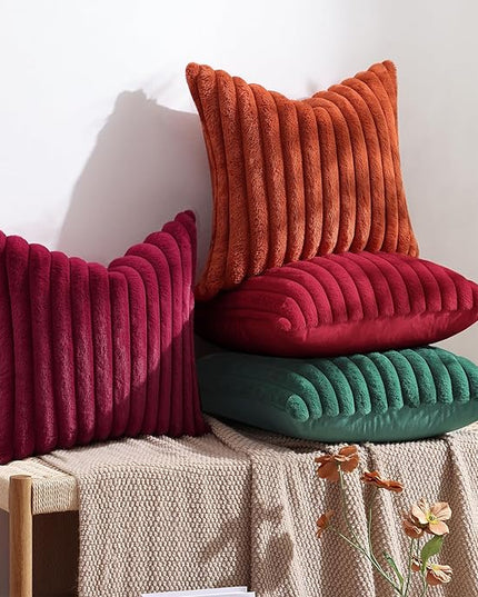 decorUhome Faux Fur Spring Throw Pillow Covers 18x18 Set of 2, Decorative Soft Plush Striped Neutral Couch Euro Pillow Covers with Velvet Back for Sofa, Bed, Living Room Home Decor, Red