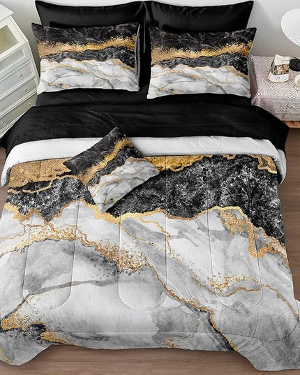 Bedbay Black and Gold Cal King Comforter Set with Sheet 8 Pieces Black Gold Marble Comforter California King Bedding Set Gold Metallic Marble Texture Modern Bed Set (Black Gold,Cal-King)