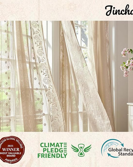 jinchan Winslow Sheer Curtains 63 Inch Length for Dorm Bedroom Bordered Floral Pattern Decorations Short Curtains Light Filtering Window Treatments, 50W x 63L, Ivory on Beige, 2 Panels