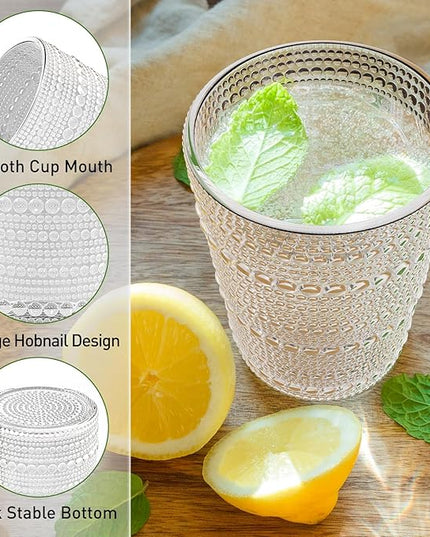 Vintage Hobnail Drinking Glasses Set of 12, 12 oz Highball Glasses & 10 oz Cocktail Glasses, Embossed Glass Cups, Clear Water Glasses Kitchen Bar Glassware Set for Beer, Juice, Cocktail, Whiskey