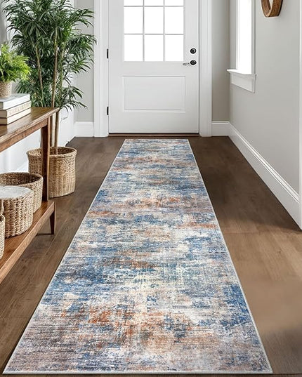 IOHOUZE Abstract Runner Rug 2x10 Ft Washable Runners for Hallways, Non Slip Kitchen Runner Printed Faux Wool Entryway Runner Indoor, Modern Abstract Floor Carpet for Hall Kitchen, Blue Rust