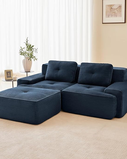 82" Convertible Modular Couches, Deep Seat L Shaped Sofas for Living Room, Modern 2 Seater Love Seat Sofa with 1 Ottoman for Small Space, Comfy Cloud Sectional Sofa Set, Corduroy Fabric Blue