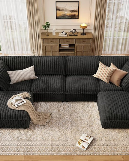KKL Modular Sectional Couch for Living Room, U Shaped Corduroy Couches with 2 Ottomans, 6 Seater Oversized Sofa Convertible to Sleeper, Soft Fabric Modern Sofa, Black