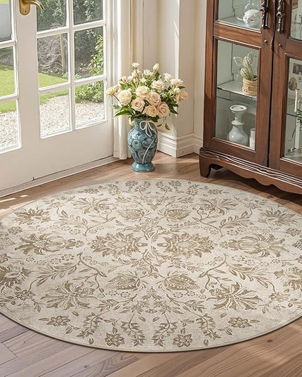 jinchan Torino Classic Floral Round Rug 4ft, Vintage-Inspired Neutral Design 4’Circle Rug, Machine Washable Ultra-Thin Low-Pile Non-Slip Indoor Carpet for Bedroom Living Room Entryway Taupe