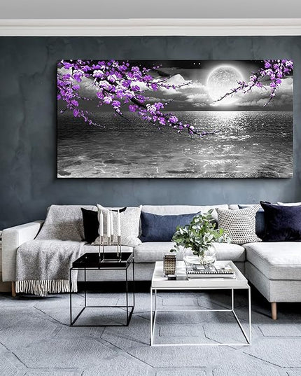 Large Purple Wall Art Decor for Living Room Bedroom Framed Black and White Seascape Full Moon Purple Flower Painting Canvas Picture Modern Hand-Painted Plum Blossom Artwork for Home Office
