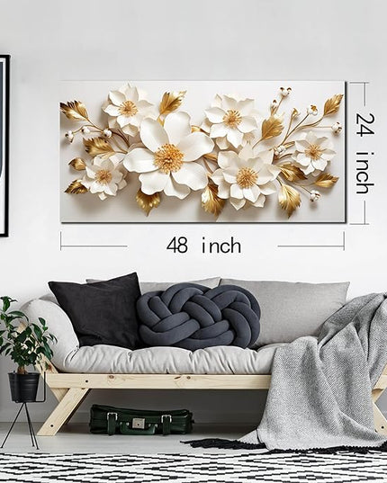 JuhaiArt Gold Wall Decor White 3D Floral Wall Art Elegant Flower Canvas Decor for Bedroom Living Room Office Picture Artwork 24" x 48"