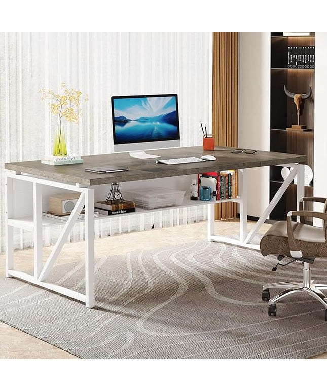 Tribesigns 63 inches Computer Desk with Bottom Storage Shelf Home Office Desk Writing Table for Workstation,Dark Walnut + Steel Leg， Cabinet not Included (Dark Oak, 63-inch-with Shelf)