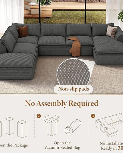 Vesgantti 141.7" Oversized Boneless Sectional Couch, Modern 7 Seater Modular Sofa with Chaise, Deep Seat Convertible Corduroy Cloud Couches for Living Room, No Assembly Required, Dark Gray