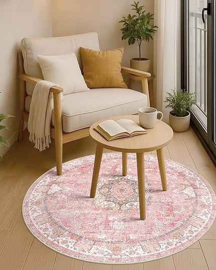 Pink Round Rug 4ft, Circle Washable Area Rugs for Bedroom Bathroom Entryway Kitchen, Small Boho Vintage Bohemian Distressed Oriental Floral Carpet Non Slip,Blush Floral Flowers