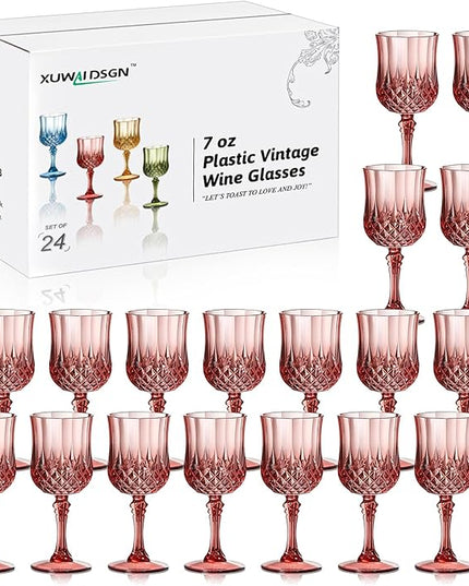XUWAIDSGN 24 Pcs 7oz Plastic Vintage Wine Glasses Drinking Glasses Unbreakable Wedding Glassware Crystal Water Goblets Reusable Drinkware Vintage Champagne Flutes (24, Rose Gold)