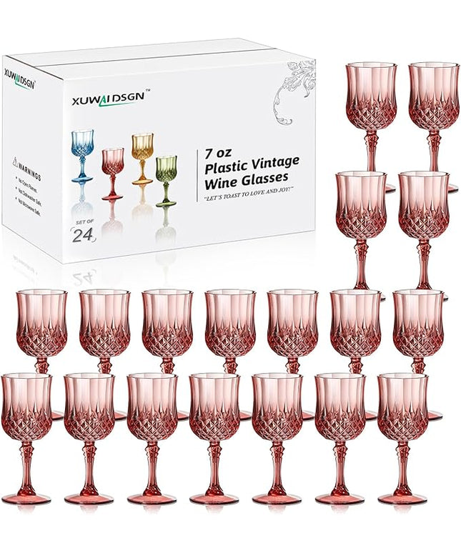 XUWAIDSGN 24 Pcs 7oz Plastic Vintage Wine Glasses Drinking Glasses Unbreakable Wedding Glassware Crystal Water Goblets Reusable Drinkware Vintage Champagne Flutes (24, Rose Gold)