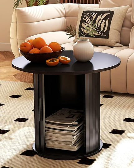 COSVALVE Round Wood Coffee Table 23.6IN with Hidden Storage & Sliding Door, Circle Farmhouse Side Table Sets for Living Room, Bedroom, Balcony, Small Spaces, Black