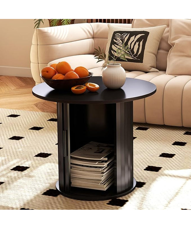 COSVALVE Round Wood Coffee Table 23.6IN with Hidden Storage & Sliding Door, Circle Farmhouse Side Table Sets for Living Room, Bedroom, Balcony, Small Spaces, Black