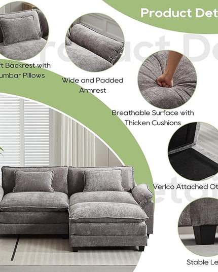 86" Modular Sectional Sofa, Comfy Cloud Couch Sectional Sofa with Ottoman, Chenille Sofa Sleeper Deep Seat Sofa with Throw Pillows for Living Room (Light Gray, 86"- L Shape)