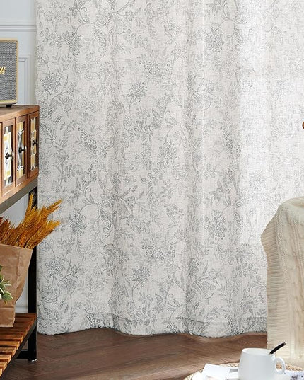 Lazzzy Grey Floral Linen Farmhouse Curtains for Living Room 84 Inch Length Window Curtains Semi Sheer Drapes for Bedroom Country Light Filtering Curtain Grommet Top 2 Panels Grey on Beige